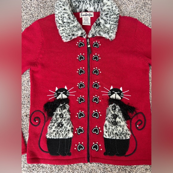 TimberLea Cat Lover Novelty Cardigan Sweater w/detachable faux fur collar size S - Picture 2 of 11